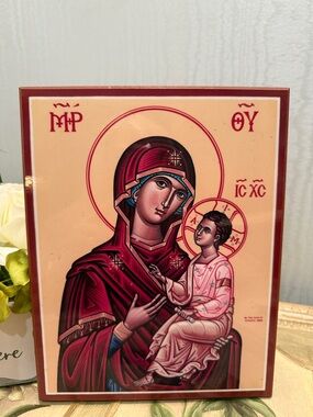 Vintage 1993 Monastery Icons Wooden Picture Mother of God Virgin & Child Jesus
